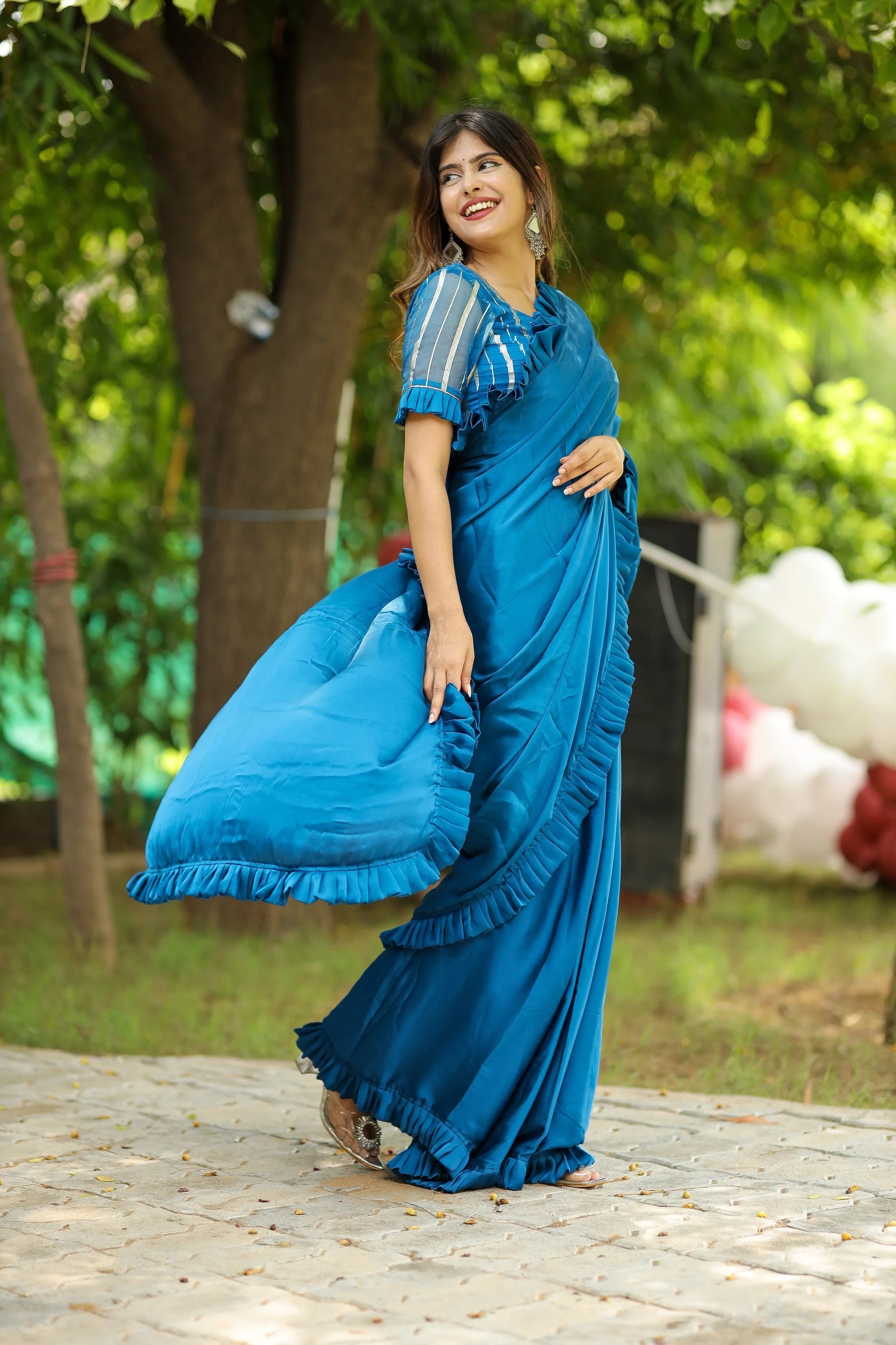 Oceanic Breeze Satin Crepe Saree with Ruffled