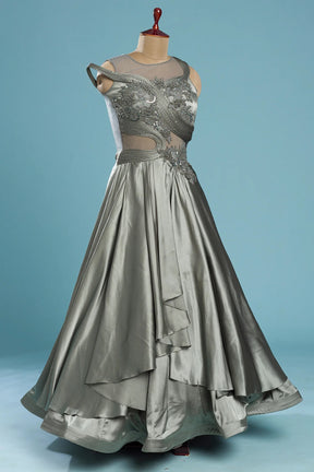 Sage Grey Sequins Embroidered Satin Cocktail Gown