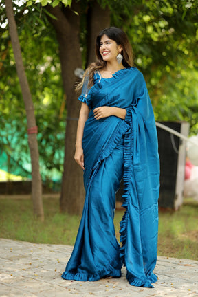 Oceanic Breeze Satin Crepe Saree with Ruffled