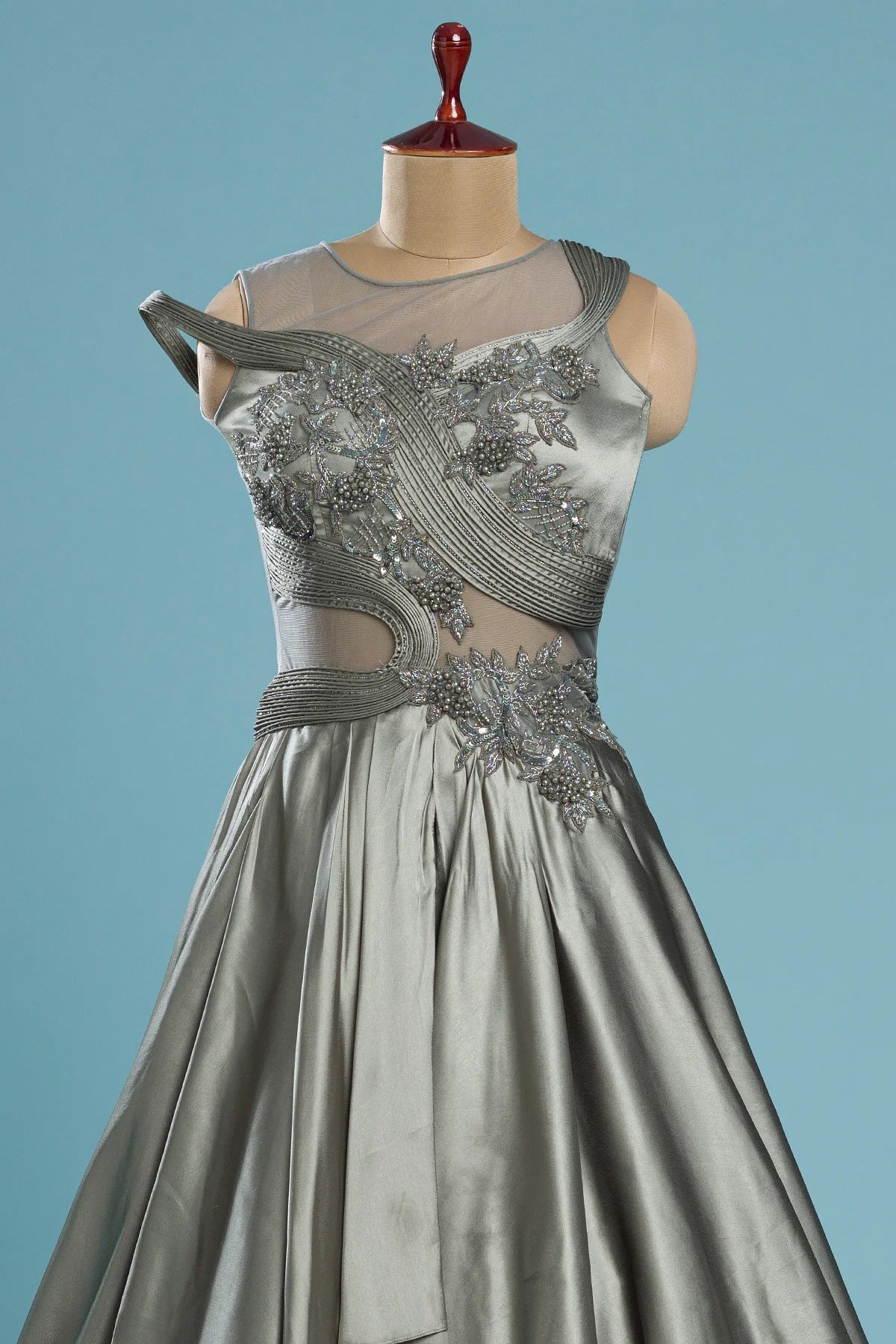 Sage Grey Sequins Embroidered Satin Cocktail Gown