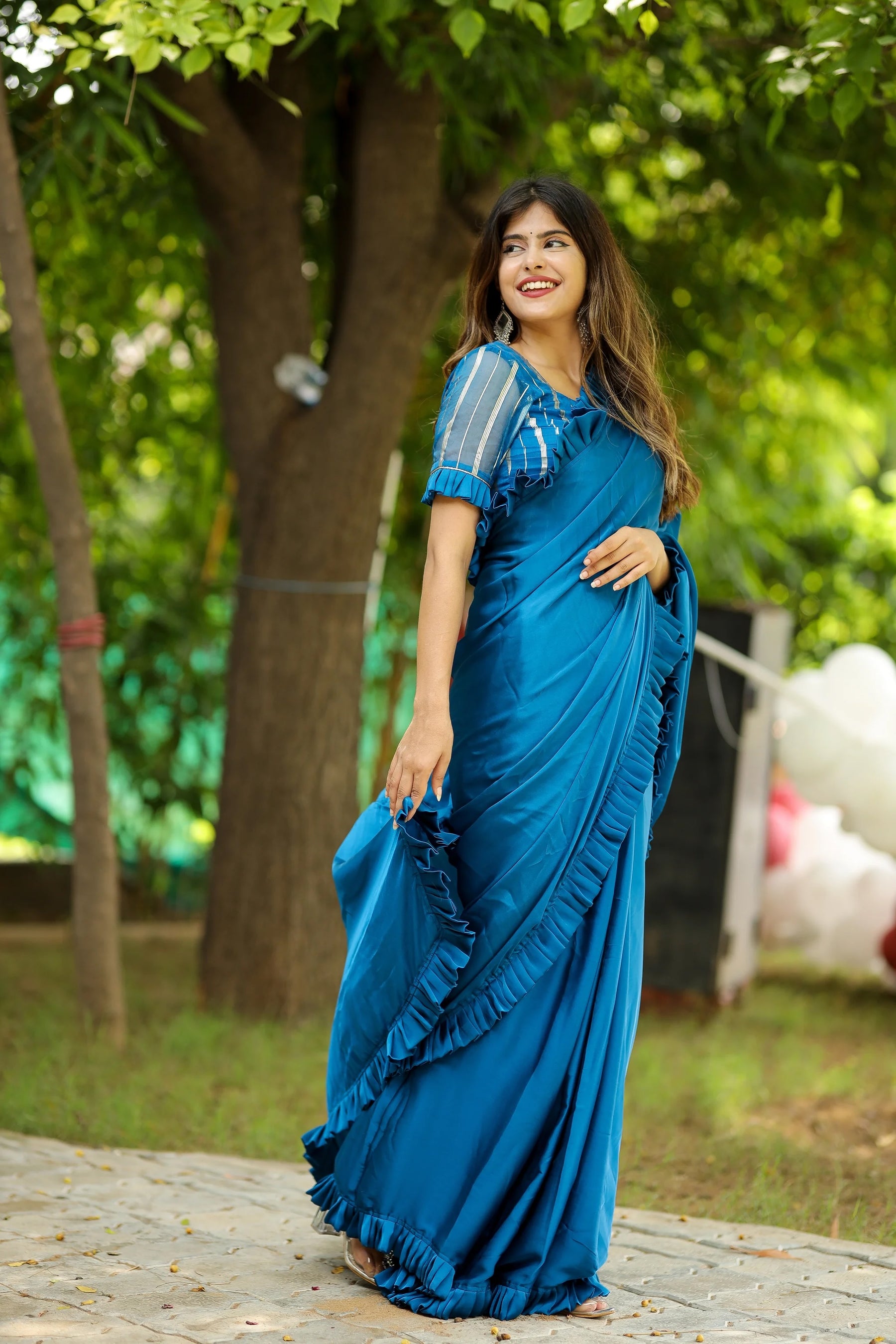 Oceanic Breeze Satin Crepe Saree with Ruffled