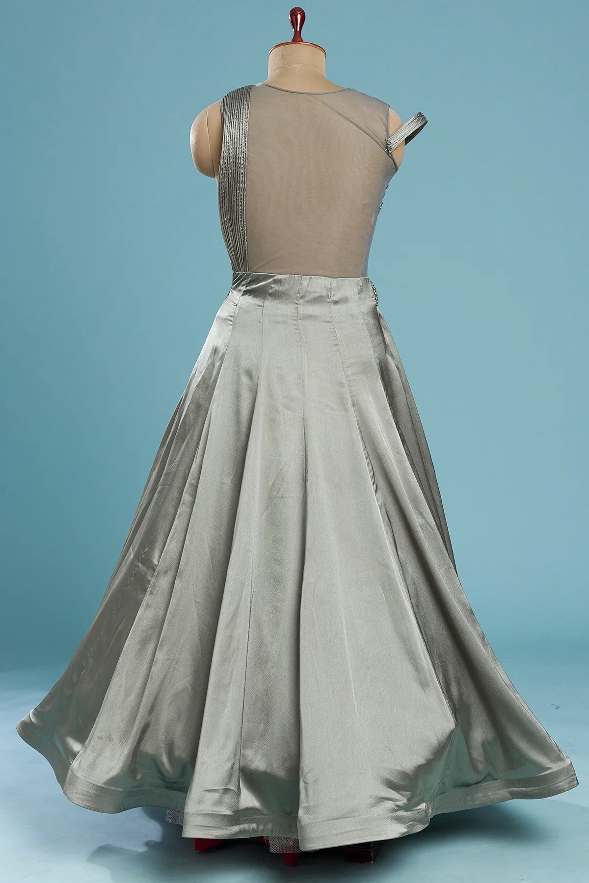 Sage Grey Sequins Embroidered Satin Cocktail Gown