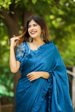 Oceanic Breeze Satin Crepe Saree with Ruffled