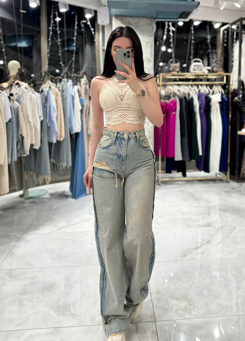 Klara Green Tint High Waist Jeans with Side Cut