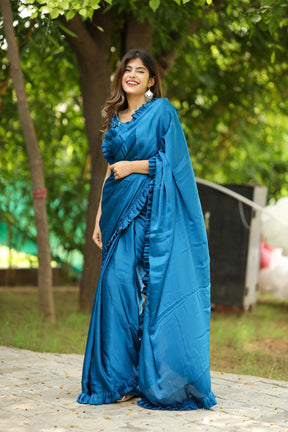 Oceanic Breeze Satin Crepe Saree with Ruffled