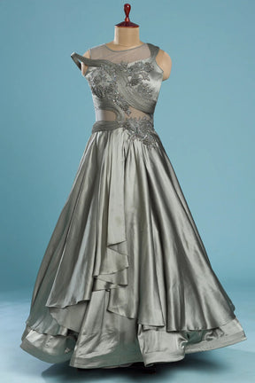 Sage Grey Sequins Embroidered Satin Cocktail Gown