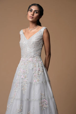 Coin Grey Sequins Embroidered Net Evening Gown