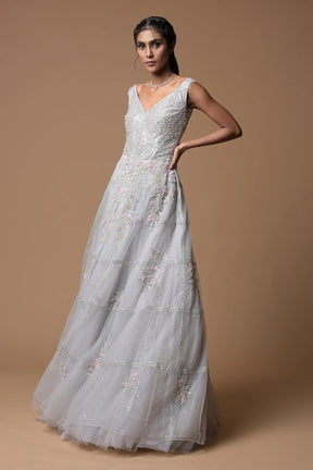 Coin Grey Sequins Embroidered Net Evening Gown