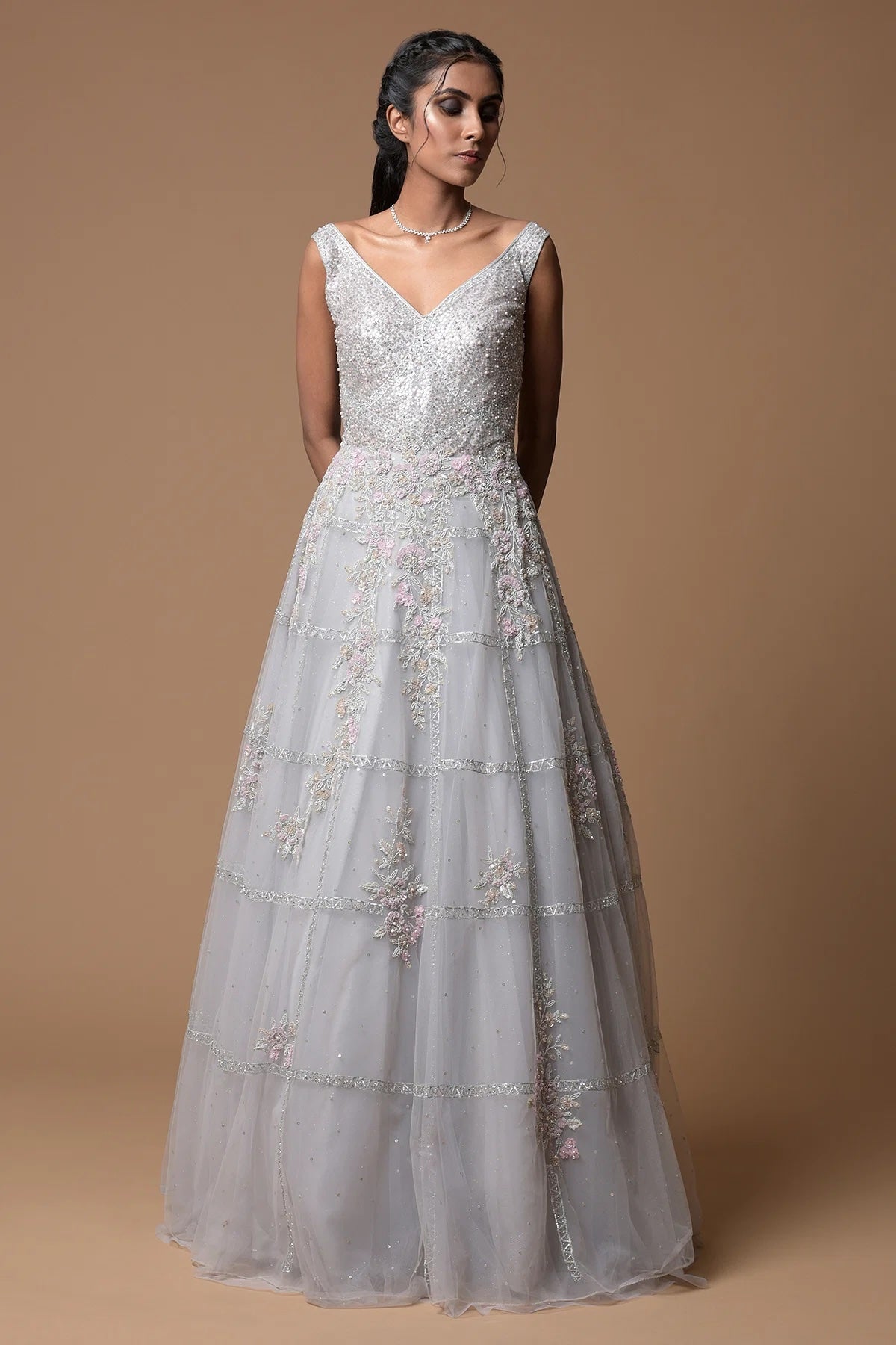 Coin Grey Sequins Embroidered Net Evening Gown