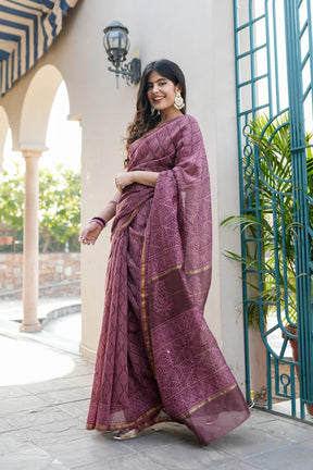 Classic Chic Mauve Chanderi Handblock Saree