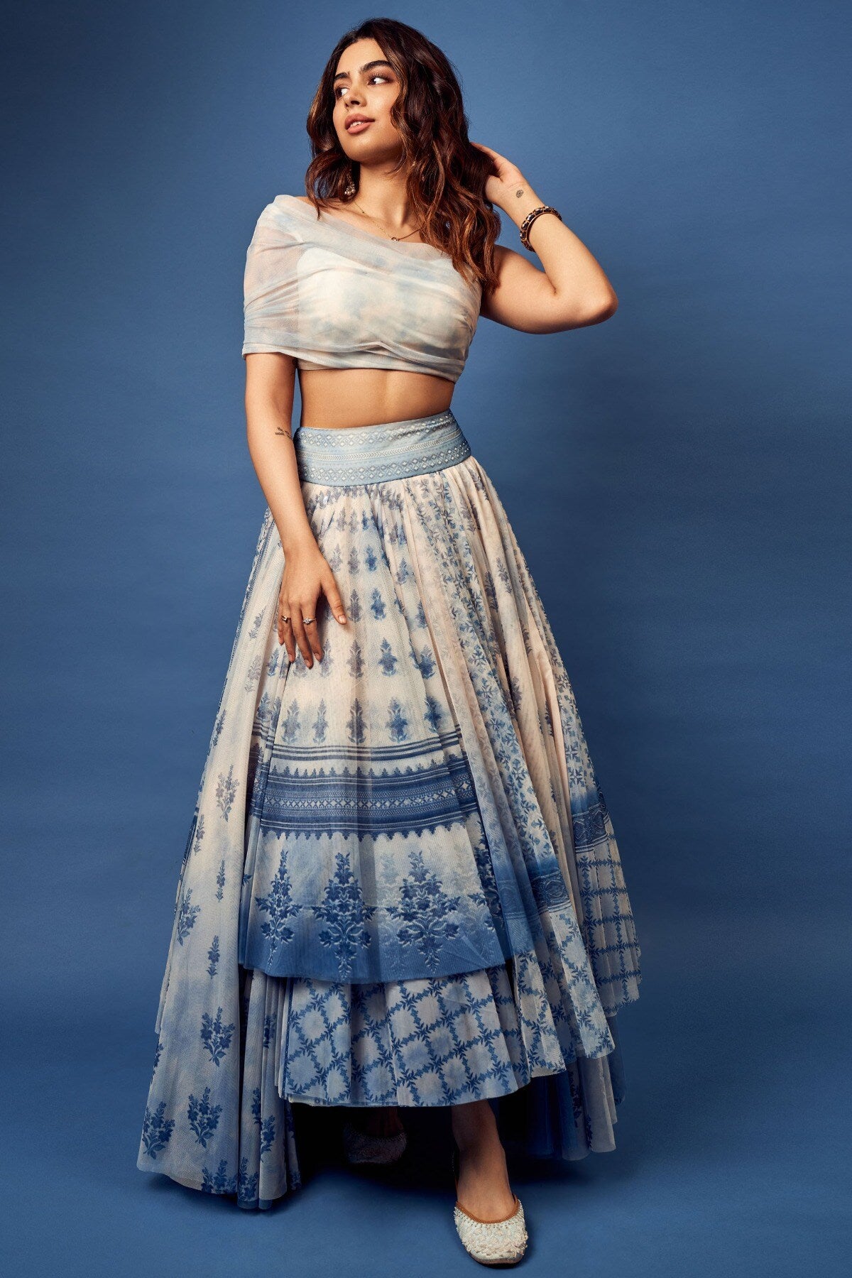 Khushi Kapoor in Chic Blue Crop Top Forest Pixie and Flared Skirt