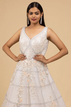 Pearl White Sequins Embroidered Net Evening Gown