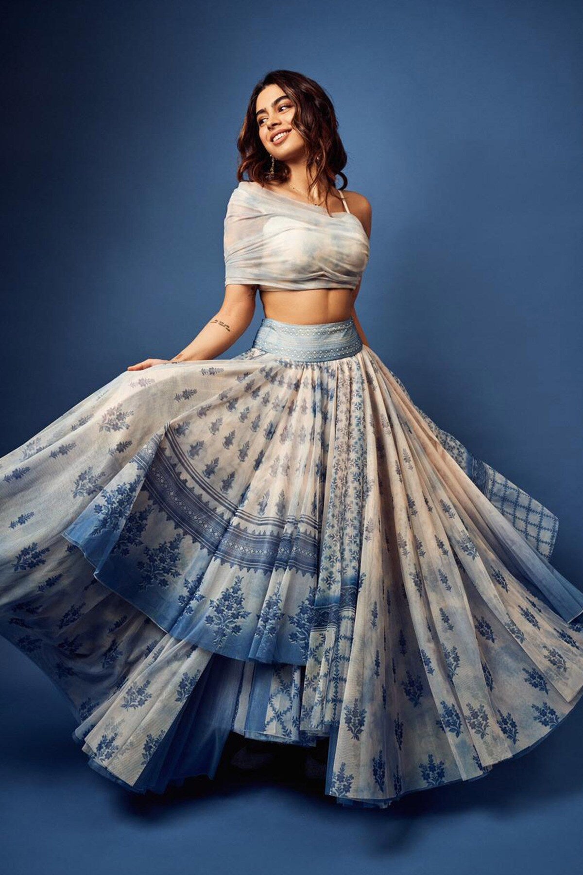 Khushi Kapoor in Chic Blue Crop Top Forest Pixie and Flared Skirt