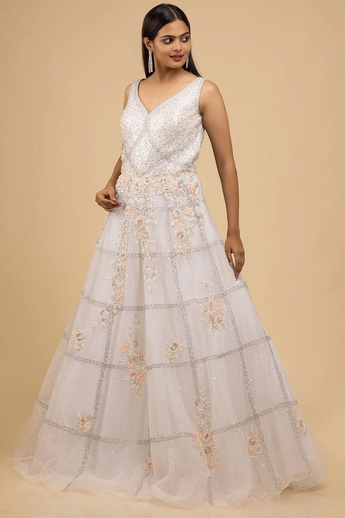 Pearl White Sequins Embroidered Net Evening Gown