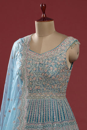 Horizon Blue Stone Embroidered Net Indowestern Gown