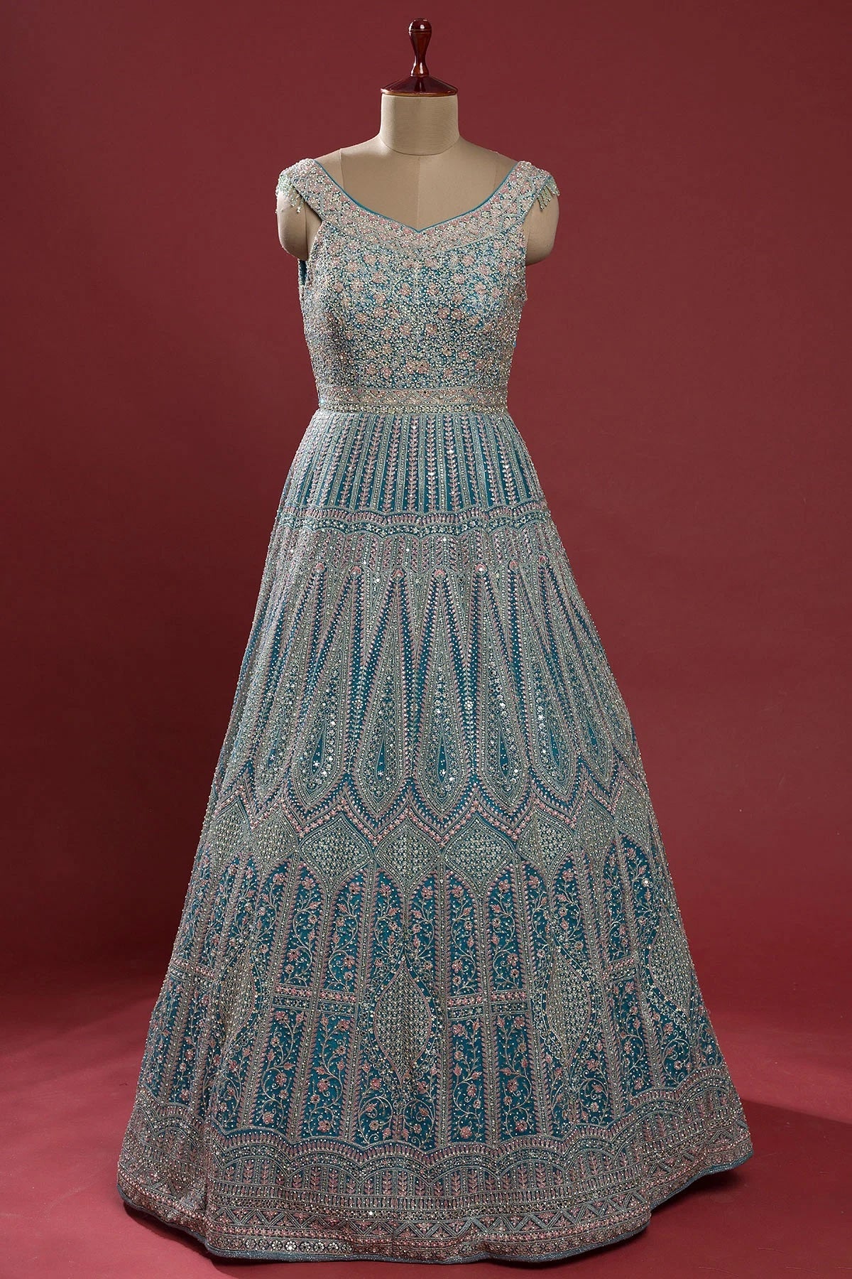 Horizon Blue Stone Embroidered Net Indowestern Gown