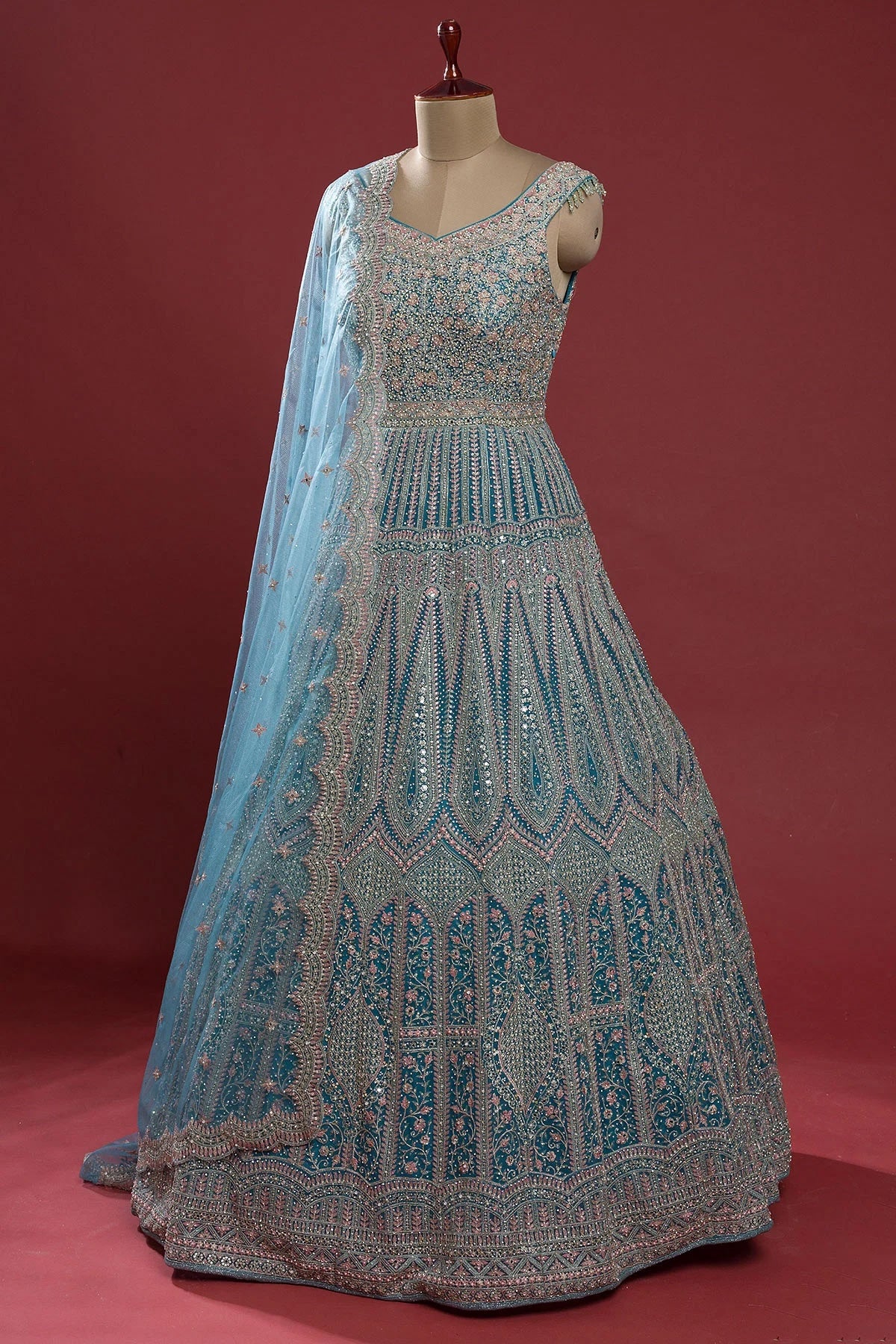 Horizon Blue Stone Embroidered Net Indowestern Gown