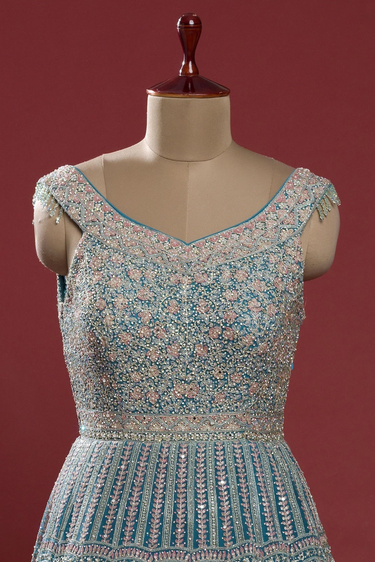 Horizon Blue Stone Embroidered Net Indowestern Gown