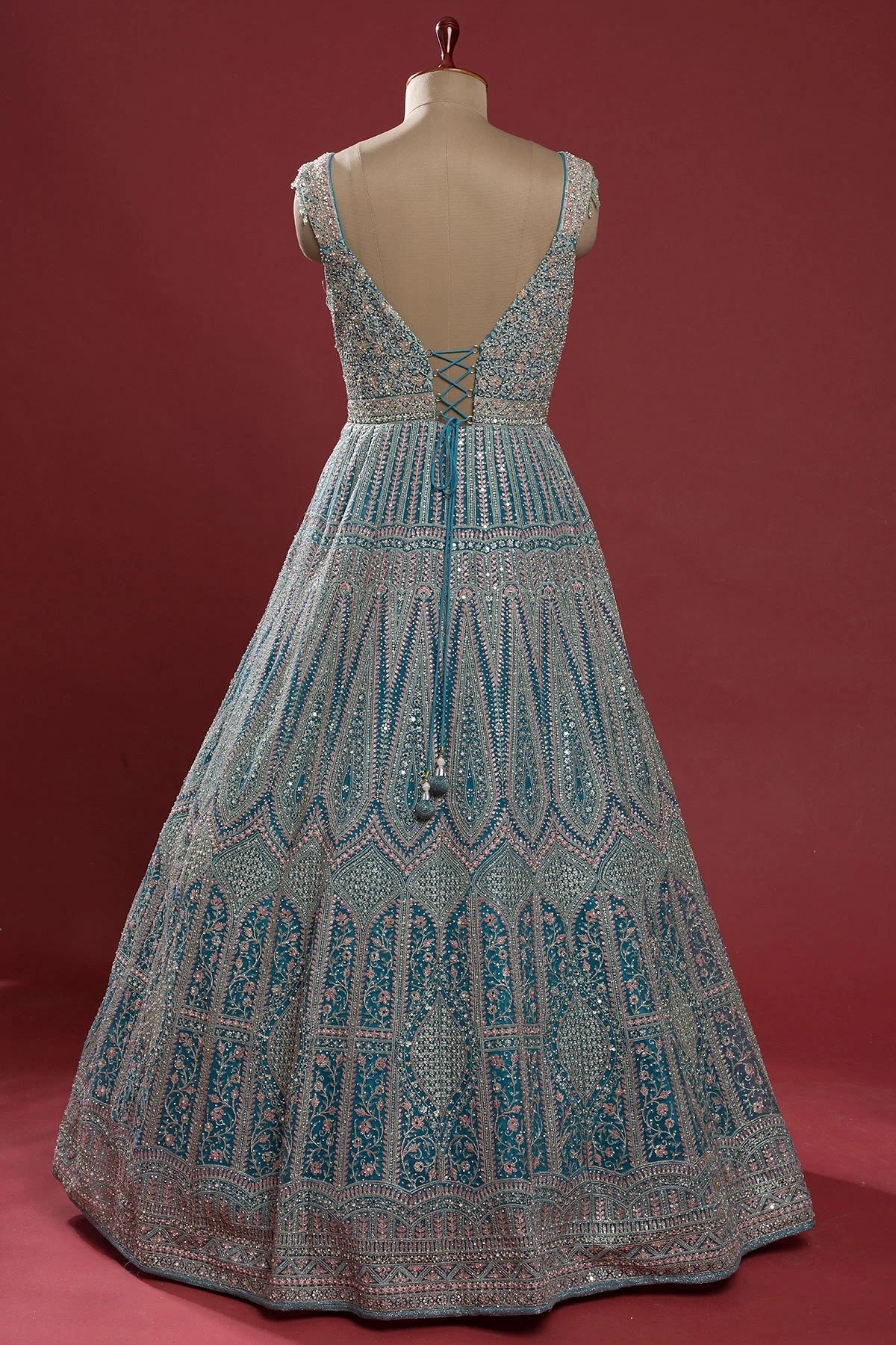 Horizon Blue Stone Embroidered Net Indowestern Gown