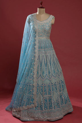 Horizon Blue Stone Embroidered Net Indowestern Gown