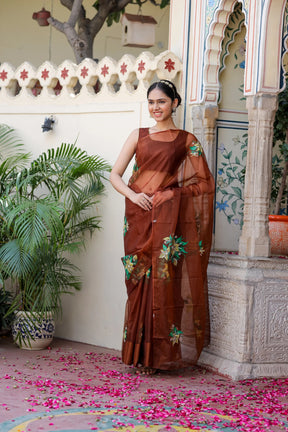 Natural Brown Hue Hand painted Organza Saree