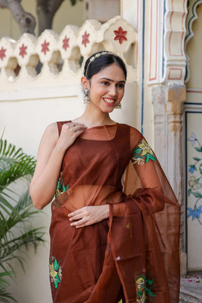 Natural Brown Hue Hand painted Organza Saree