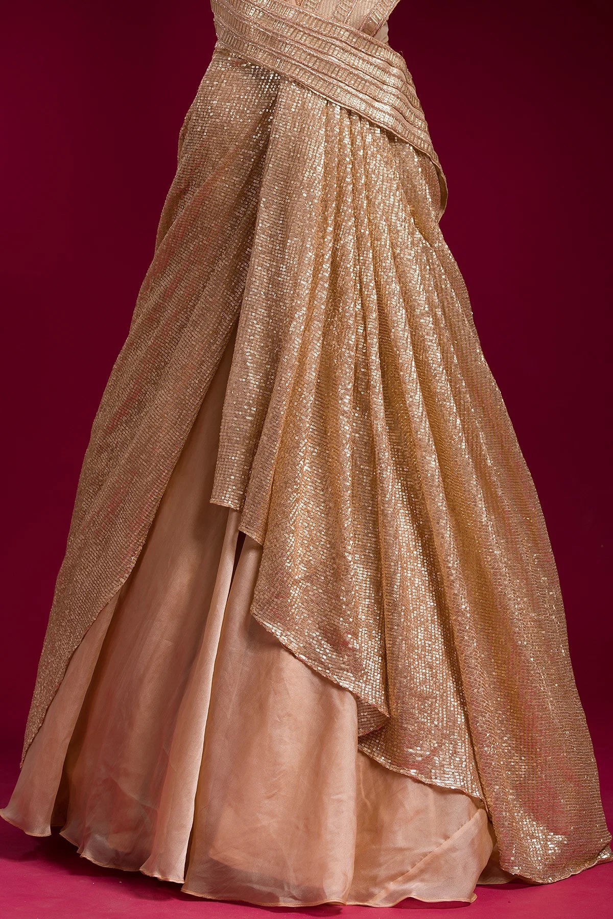 Beige Cream Sequins Embroidered Net Indowestern Gown