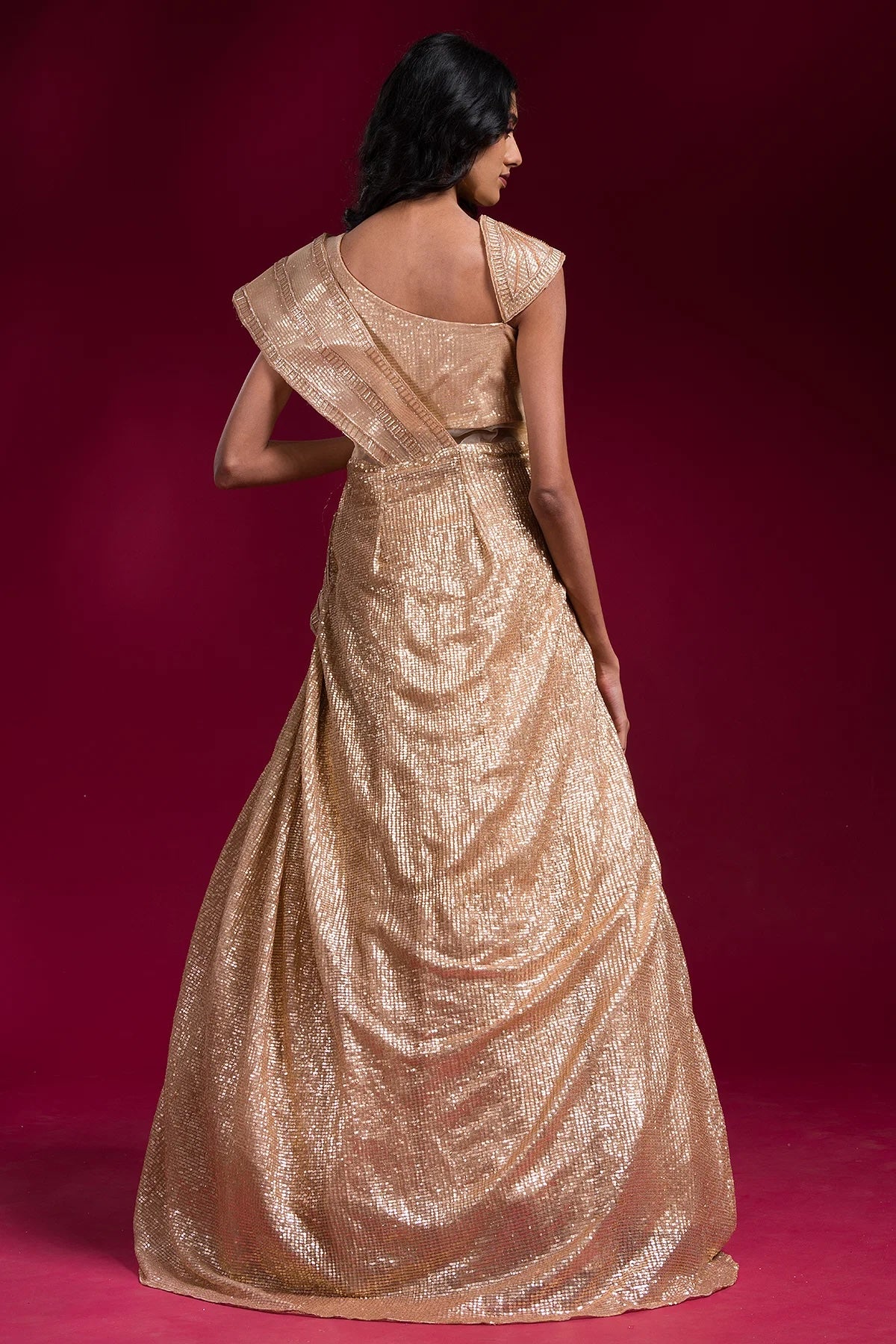 Beige Cream Sequins Embroidered Net Indowestern Gown