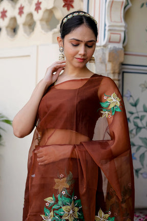 Natural Brown Hue Hand painted Organza Saree