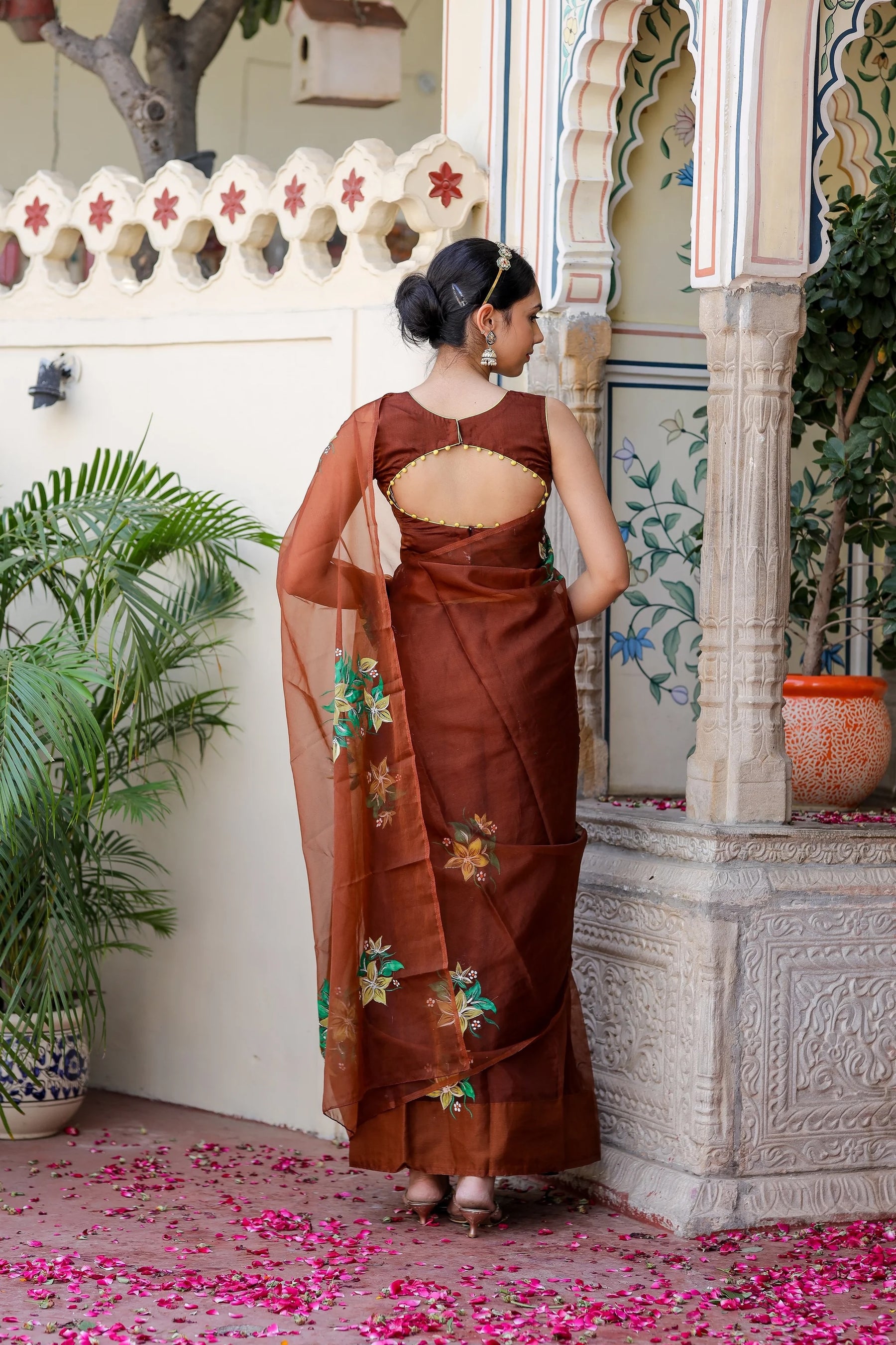 Natural Brown Hue Hand painted Organza Saree