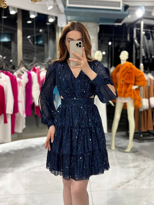 Sierra Midnight Blue Sequined Backless Mini Evening Dress