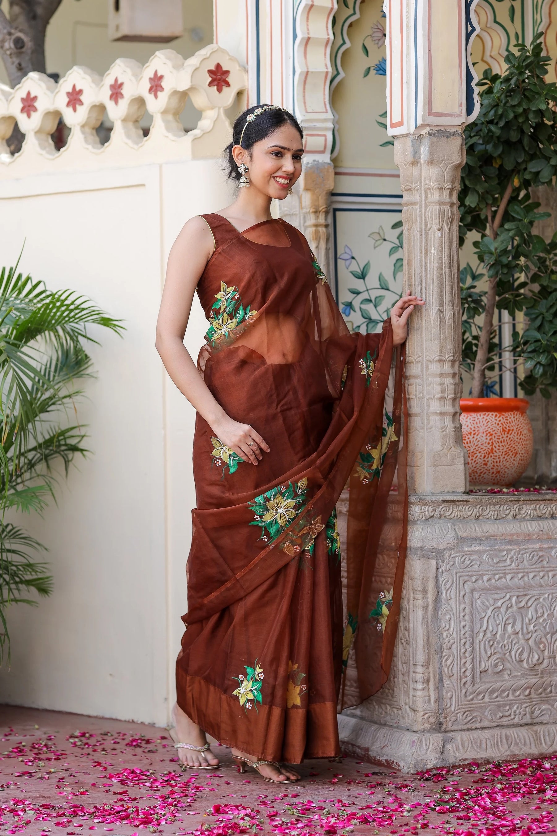 Natural Brown Hue Hand painted Organza Saree