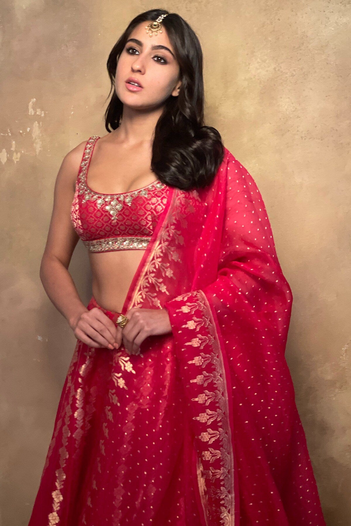 Sara Ali Khan in Red Alethi Lehenga with Dupatta 