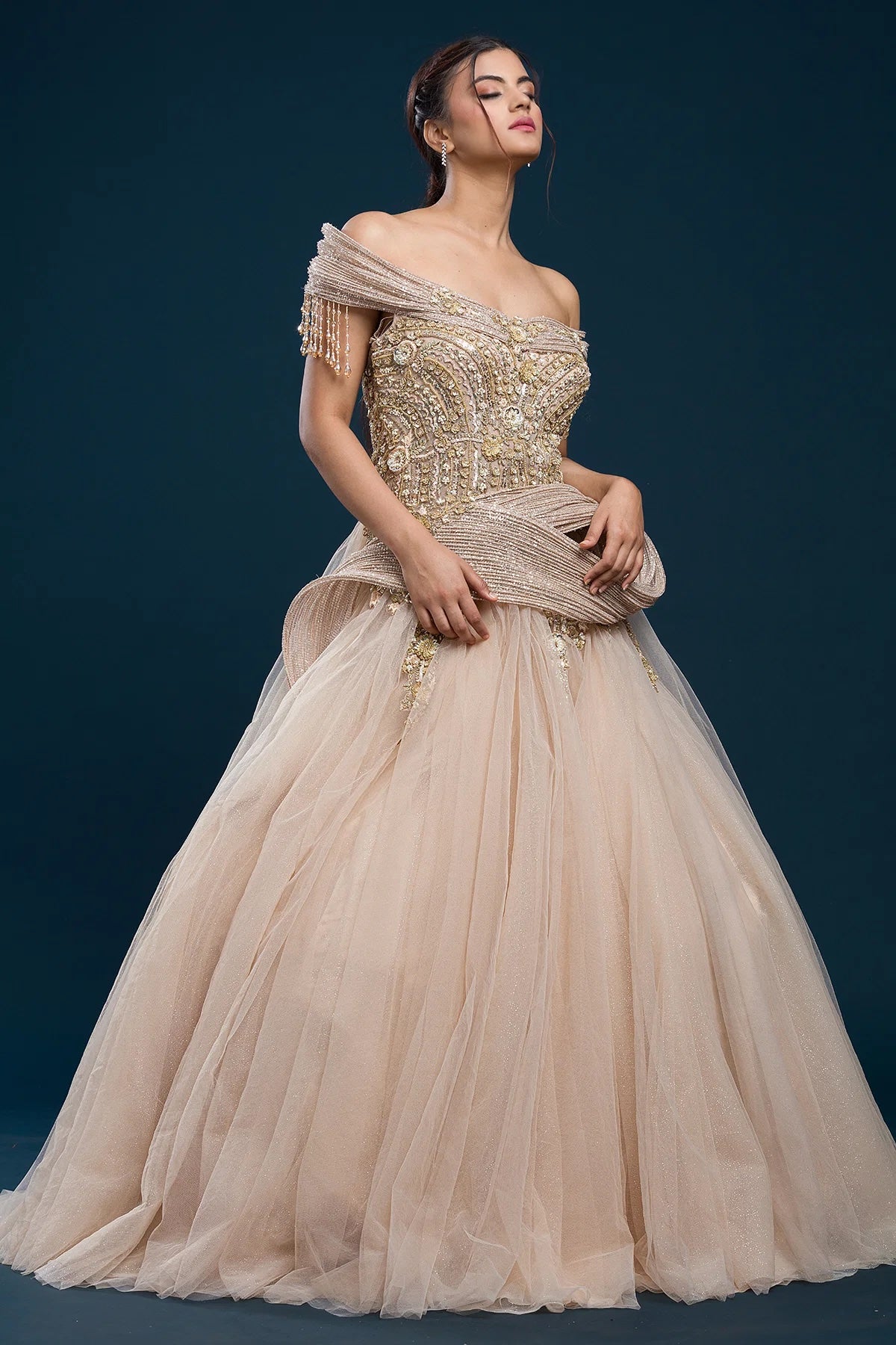 Pale Peach Sequins Embroidered Net Indowestern Gown