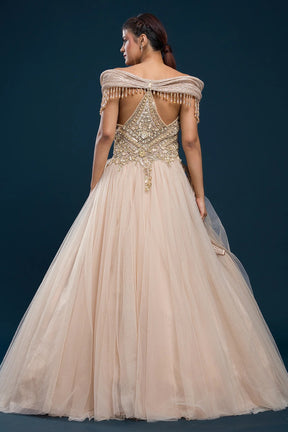 Pale Peach Sequins Embroidered Net Indowestern Gown