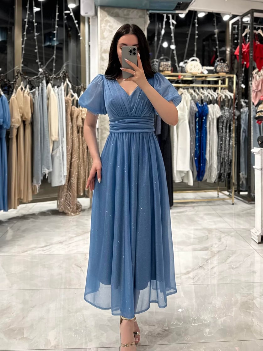 Shine Baby Blue Balloon Sleeve Glittery Midi Length Chiffon Dress