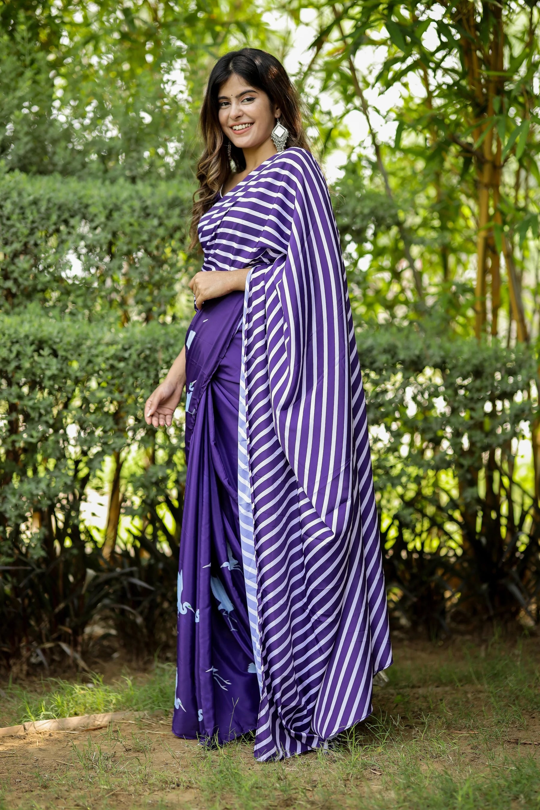 Lehriya and Bird Motif Print Whimsical Twilight Saree