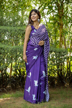 Lehriya and Bird Motif Print Whimsical Twilight Saree