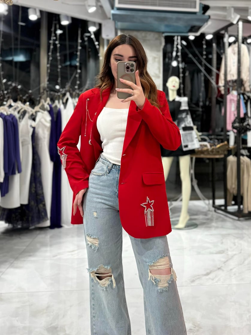 Anfisa Red Blazer Jacket with Stone Detailing