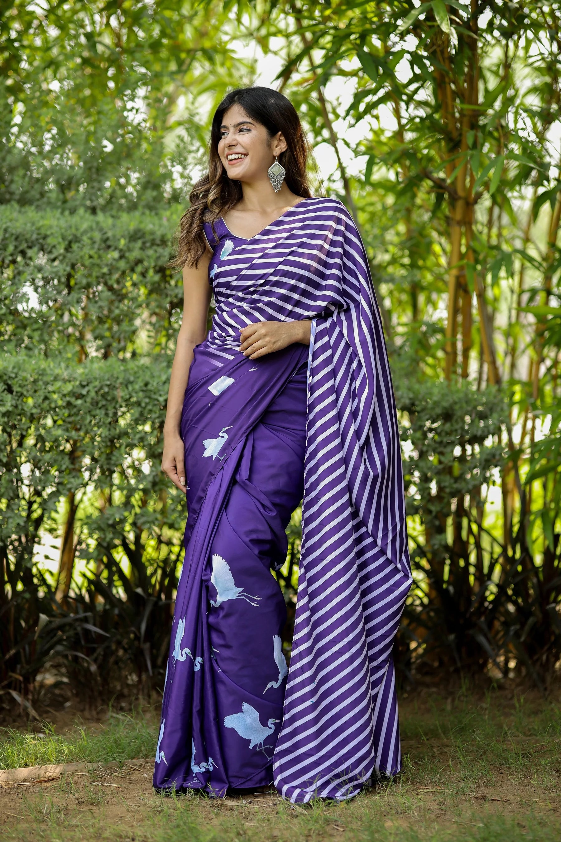 Lehriya and Bird Motif Print Whimsical Twilight Saree