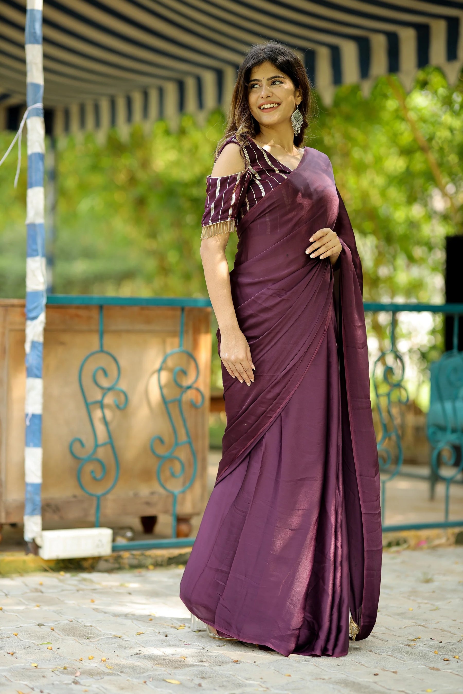 Deep Wine Satin Fabric Saree