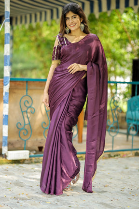 Deep Wine Satin Fabric Saree