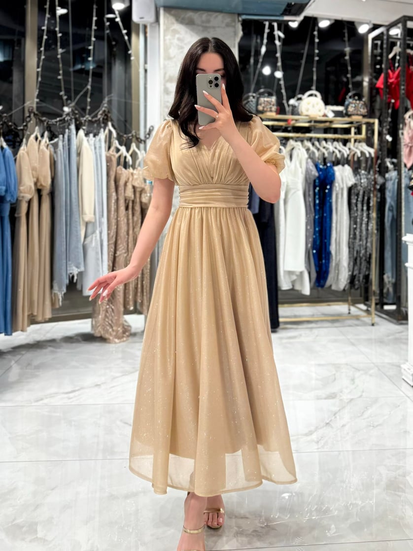 Shine Gold Balloon Sleeve Glittery Midi Length Chiffon Dress