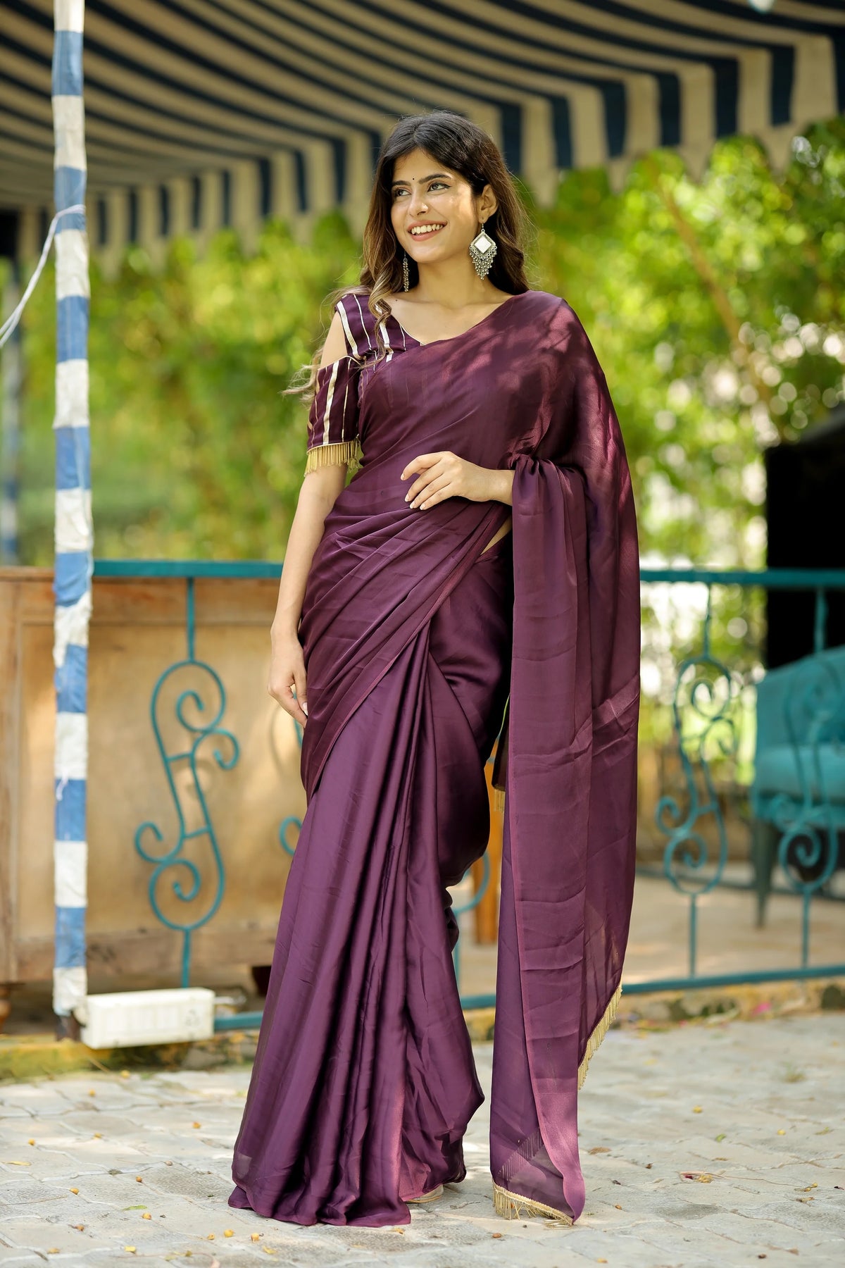 Deep Wine Satin Fabric Saree