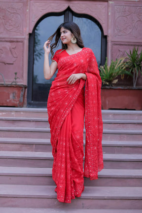 Bright Orange-Red Jayla Clang Chikankari Saree