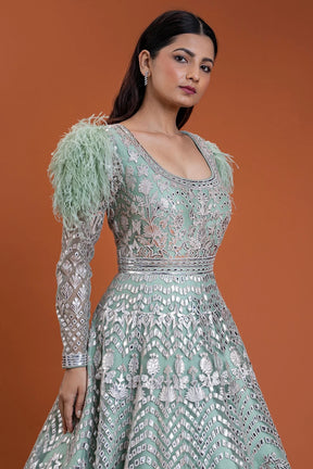 Dusty Mint Green Applique Embroidered Net Reception Gown