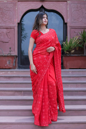 Bright Orange-Red Jayla Clang Chikankari Saree