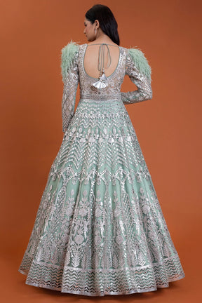 Dusty Mint Green Applique Embroidered Net Reception Gown