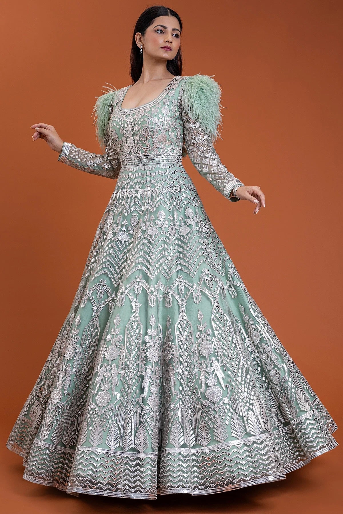 Dusty Mint Green Applique Embroidered Net Reception Gown