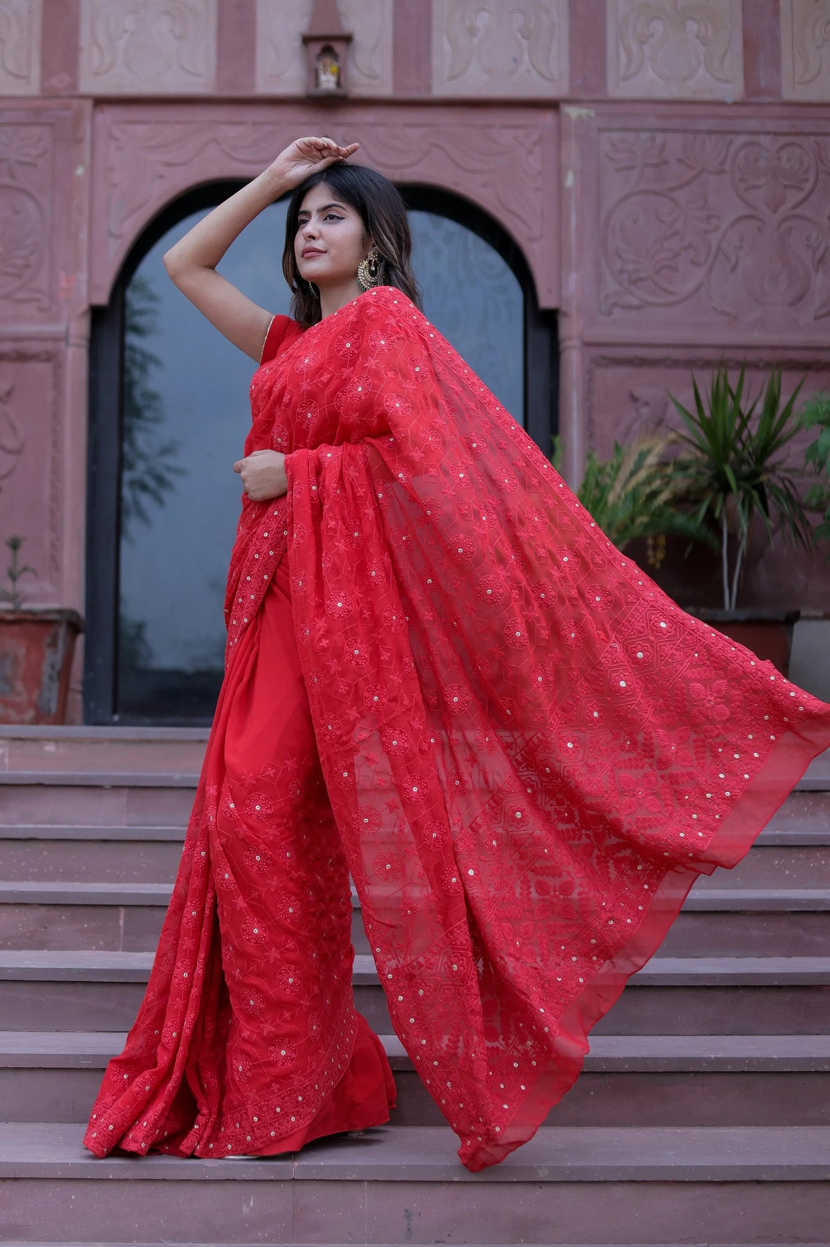 Bright Orange-Red Jayla Clang Chikankari Saree